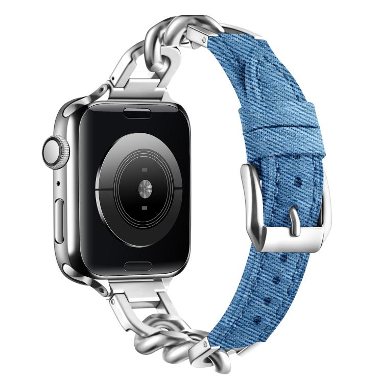 For Apple Watch 42mm / 41mm / 40mm / 38mm Metal Chain Leather Denim Watch Band(Baby Blue) - free shipping - PMc TechLife - Order now!