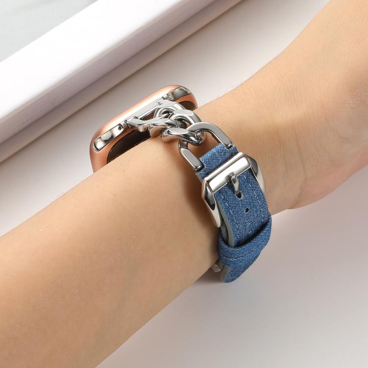 For Apple Watch 42mm / 41mm / 40mm / 38mm Metal Chain Leather Denim Watch Band(Baby Blue) - free shipping - PMc TechLife - Order now!