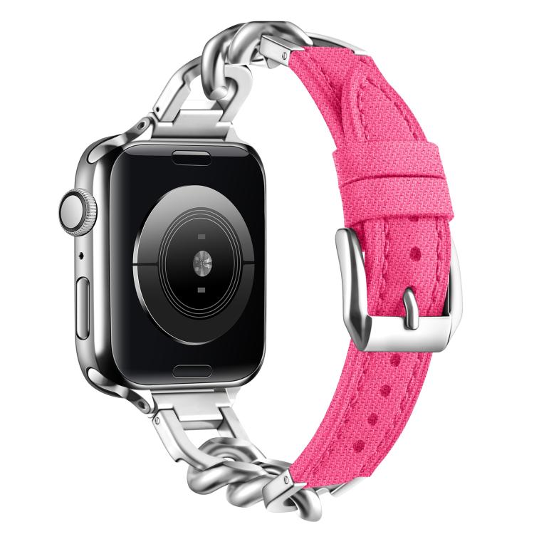 For Apple Watch 42mm / 41mm / 40mm / 38mm Metal Chain Leather Denim Watch Band(Peach Red) - free shipping - PMc TechLife - Order now!