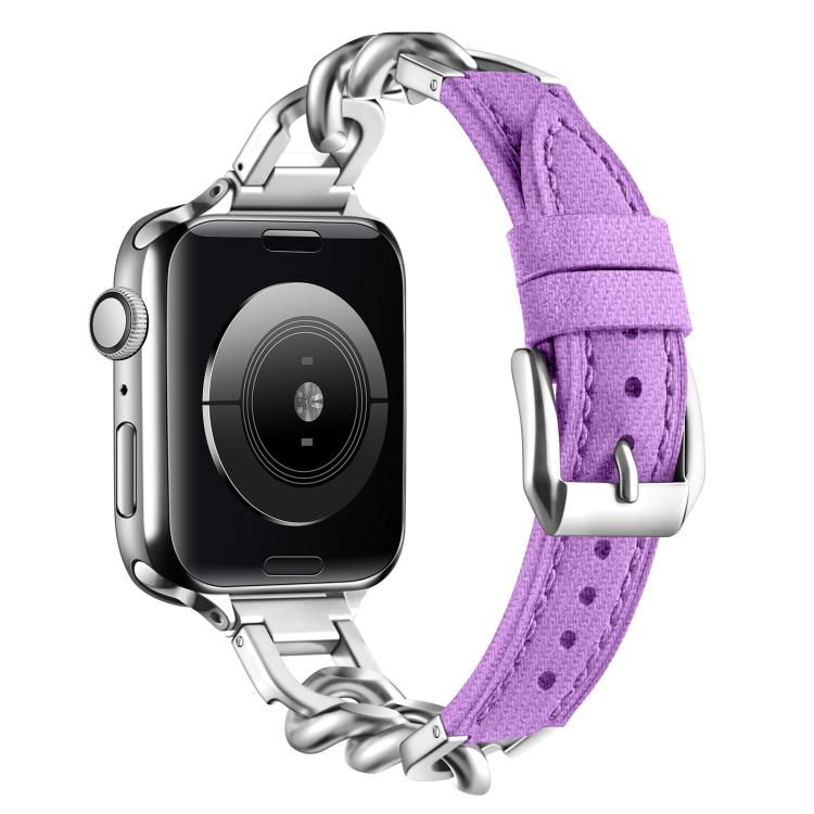 For Apple Watch 42mm / 41mm / 40mm / 38mm Metal Chain Leather Denim Watch Band(Purple) - free shipping - PMc TechLife - Order now!