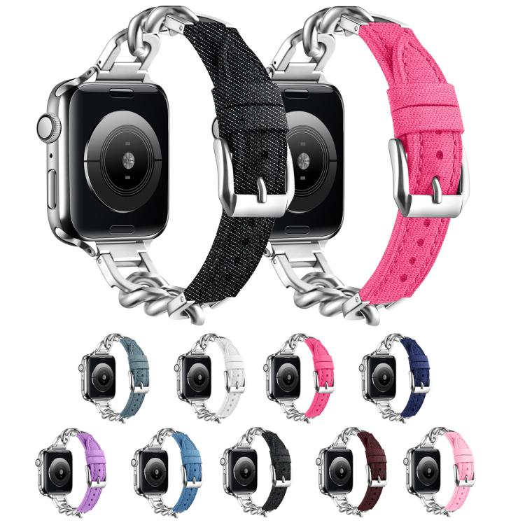 For Apple Watch 46mm / 49mm / 45mm / 44mm Metal Chain Leather Denim Watch Band(Baby Blue) - free shipping - PMc TechLife - Order now!
