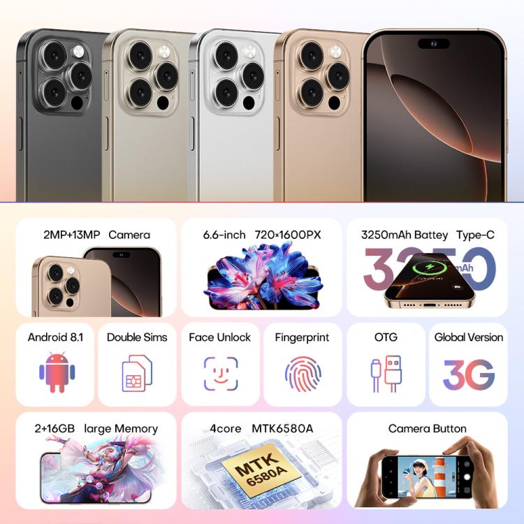 A88 / i16 Pro Max, 2GB+16GB, 6.6 inch Android 8.1 MTK6580A Quad Core, OTG, Network: 3G, Dual SIM, Plug:UK Plug(Desert Gold) - free shipping - PMc TechLife - Order now!