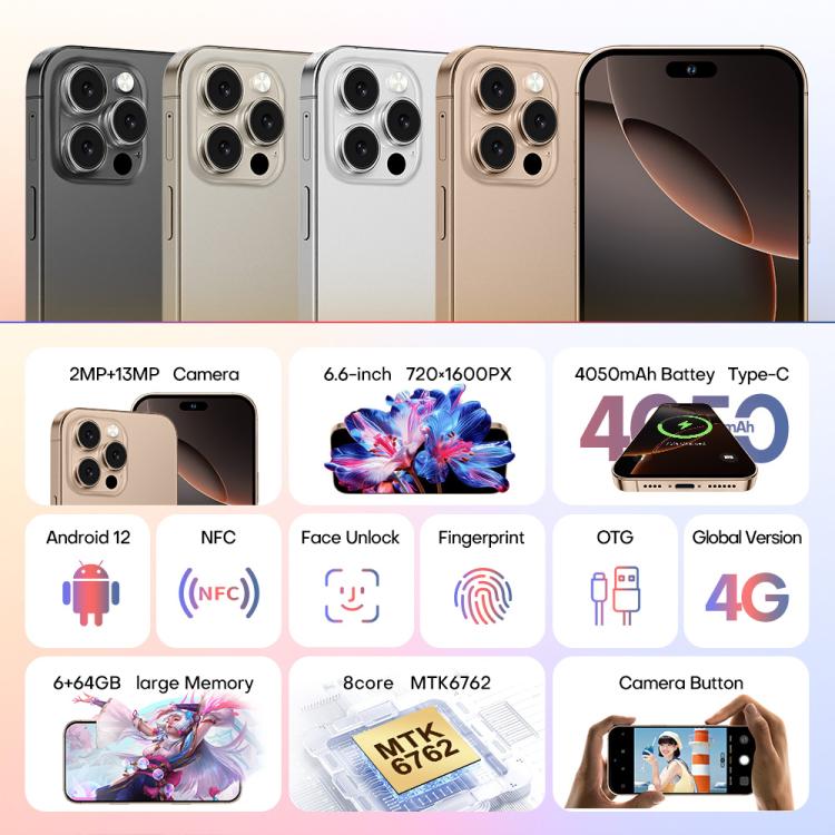A88A / i16 Pro Max, 6GB+64GB, 6.6 inch Android 12 MTK6762 Helio G25 Octa Core, NFC, OTG, Network: 4G, Dual SIM, Plug:AU Plug(Titanium White) - free shipping - PMc TechLife - Order now!