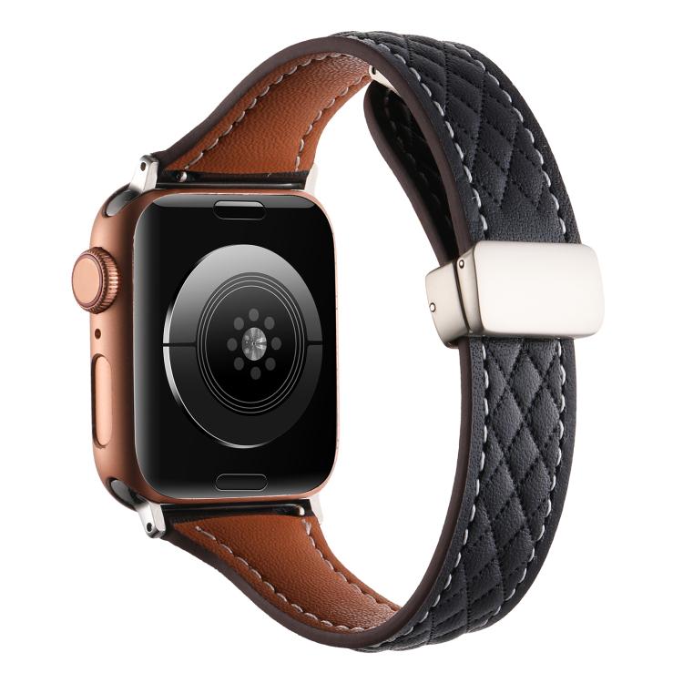 For Apple Watch 46mm / 49mm / 45mm / 44mm Kalebol Diamond Pattern Magnetic Buckle Leather Strap(Black) - Watch Bands by Kalebol | Online Shopping South Africa | PMC TechLife | Buy Now Pay Later Mobicred