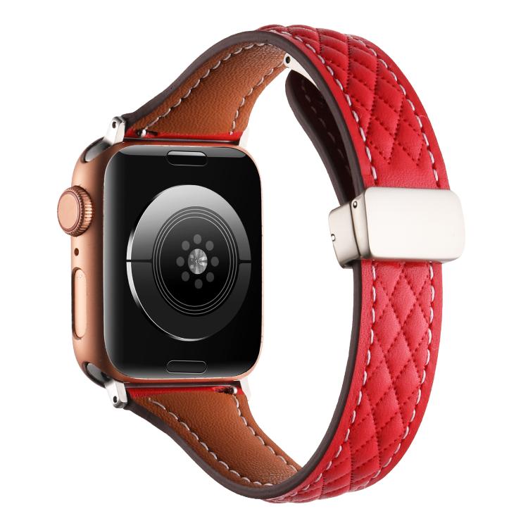 For Apple Watch 46mm / 49mm / 45mm / 44mm Kalebol Diamond Pattern Magnetic Buckle Leather Strap(Red) - Watch Bands by Kalebol | Online Shopping South Africa | PMC TechLife | Buy Now Pay Later Mobicred