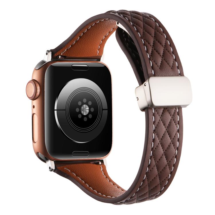 For Apple Watch 42mm / 41mm / 40mm / 38mm Kalebol Diamond Pattern Magnetic Buckle Leather Strap(Coffee) - Watch Bands by Kalebol | Online Shopping South Africa | PMC TechLife | Buy Now Pay Later Mobicred