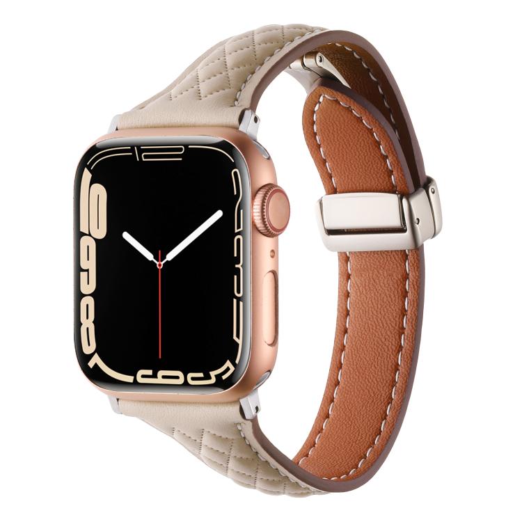 For Apple Watch 42mm / 41mm / 40mm / 38mm Kalebol Diamond Pattern Magnetic Buckle Leather Strap(Apricot) - Watch Bands by Kalebol | Online Shopping South Africa | PMC TechLife | Buy Now Pay Later Mobicred