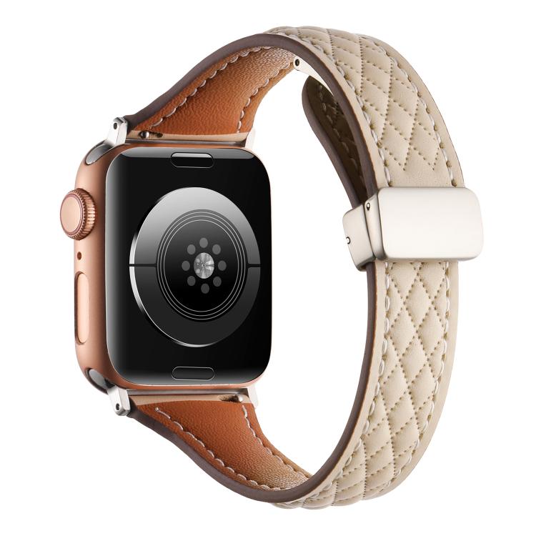 For Apple Watch 42mm / 41mm / 40mm / 38mm Kalebol Diamond Pattern Magnetic Buckle Leather Strap(Apricot) - Watch Bands by Kalebol | Online Shopping South Africa | PMC TechLife | Buy Now Pay Later Mobicred
