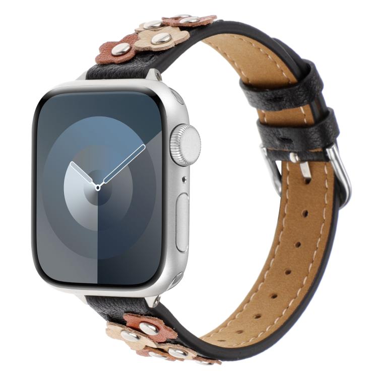 For Apple Watch 46mm / 49mm / 45mm / 44mm Kalebol Studded Flower Leather Strap(Black) - free shipping - PMC TechLife - Order now!