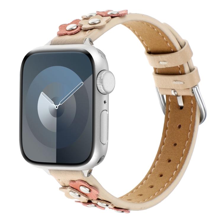 For Apple Watch 46mm / 49mm / 45mm / 44mm Kalebol Studded Flower Leather Strap(Milk Apricot) - free shipping - PMC TechLife - Order now!