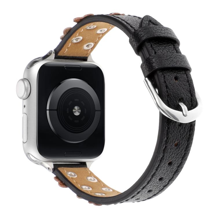 For Apple Watch 42mm / 41mm / 40mm / 38mm Kalebol Studded Flower Leather Strap(Black) - free shipping - PMC TechLife - Order now!