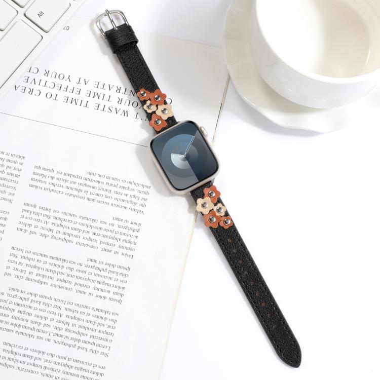 For Apple Watch 42mm / 41mm / 40mm / 38mm Kalebol Studded Flower Leather Strap(Black) - free shipping - PMC TechLife - Order now!