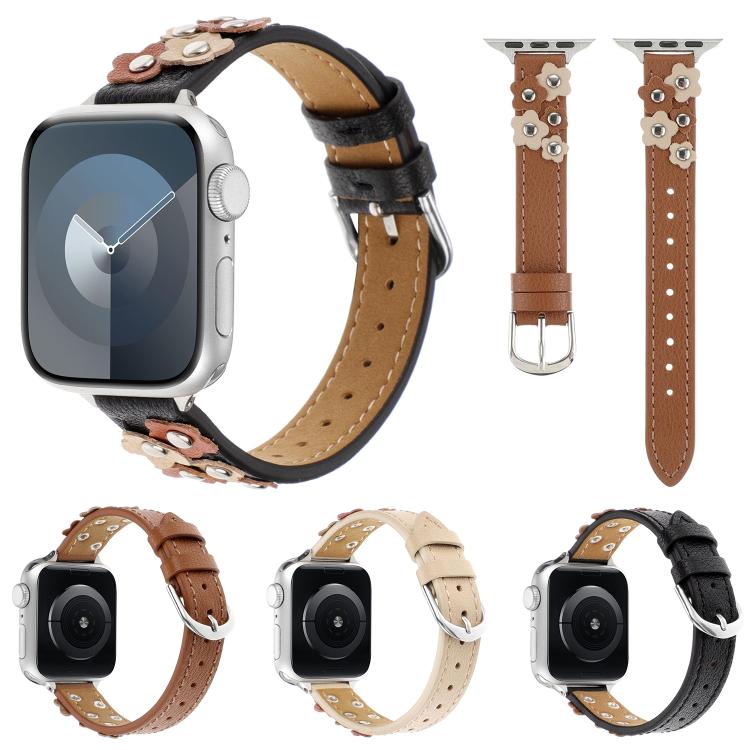 For Apple Watch 42mm / 41mm / 40mm / 38mm Kalebol Studded Flower Leather Strap(Milk Apricot) - free shipping - PMC TechLife - Order now!