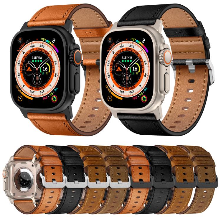 For Apple Watch 46mm / 49mm / 45mm / 44mm Kalebol Genuine Leather Watch Band(Black Dark Brown) - free shipping - PMc TechLife - Order now!