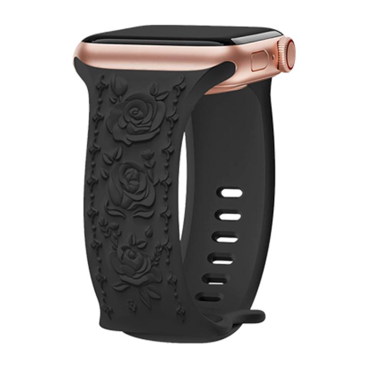 For Apple Watch 46mm / 49mm / 45mm / 44mm Kalebol 8-shaped Buckle Rose Embossed Silicone Watch Band(Black) - free shipping - PMc TechLife - Order now!