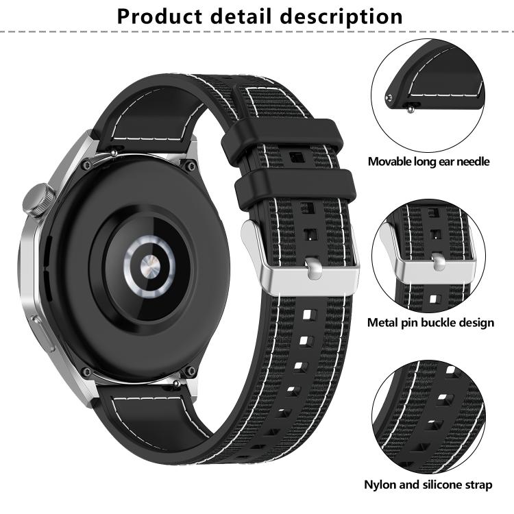22mm Kalebol Ordinary Silver Buckle Hybrid Nylon Braid Silicone Watch Band(Black) - 22mm Bands by Kalebol | Online Shopping South Africa | PMc TechLife | Buy Now Pay Later Mobicred