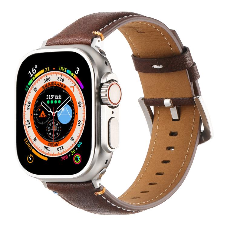 For Apple Watch 46mm / 49mm / 45mm / 44mm Kalebol Stitched Genuine Leather Watch Band(Pull Up Leather Coffee) - free shipping - PMc TechLife - Order now!