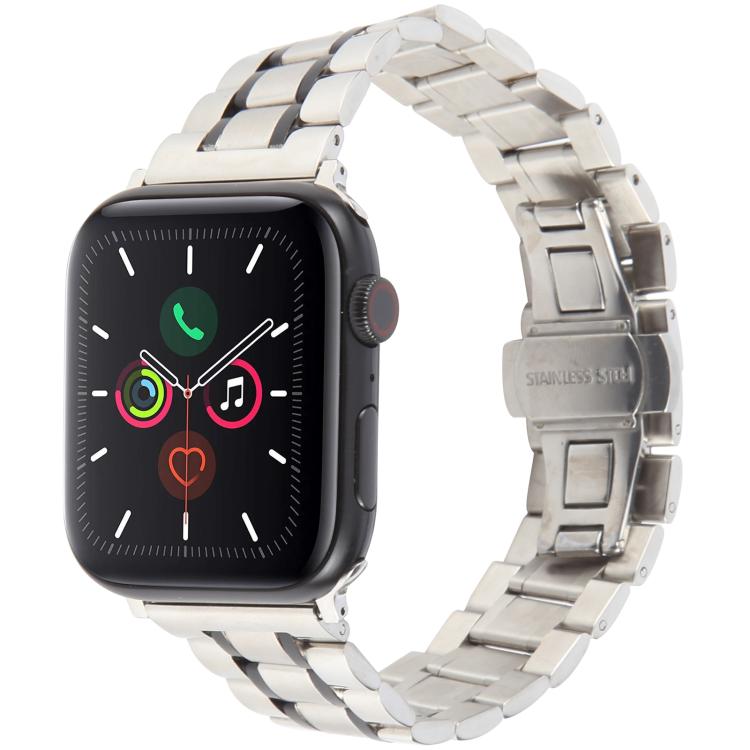 For Apple Watch 46mm / 49mm / 45mm / 44mm Butterfly Buckle New Five Beads Stainless Steel Watch Band(Silver Black) - free shipping - PMc TechLife - Order now!