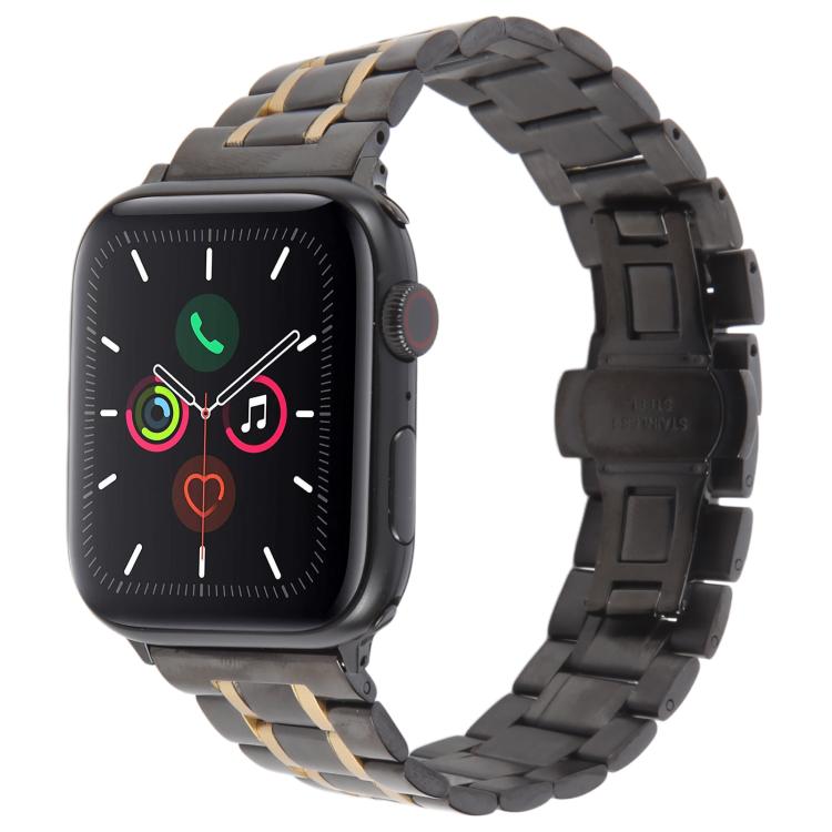 For Apple Watch 46mm / 49mm / 45mm / 44mm Butterfly Buckle New Five Beads Stainless Steel Watch Band(Black Gold) - free shipping - PMc TechLife - Order now!