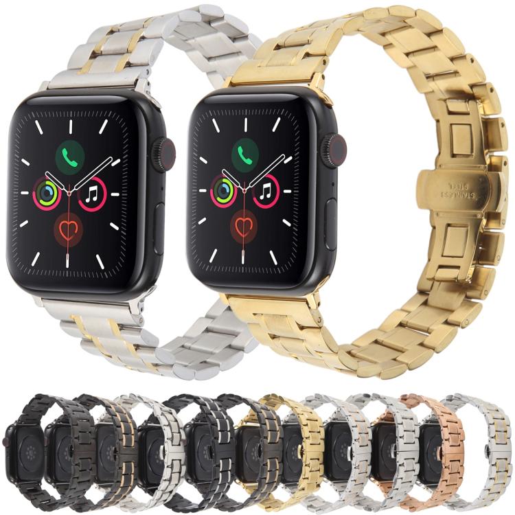 For Apple Watch 46mm / 49mm / 45mm / 44mm Butterfly Buckle New Five Beads Stainless Steel Watch Band(Black Gold) - free shipping - PMc TechLife - Order now!