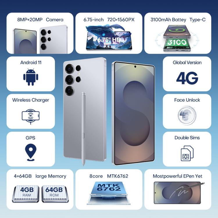F102 / S25 Ultra, 4GB+64GB, 6.75 inch Android 11 MTK6762 Octa Core, Network: 4G, Dual SIM, Support Wireless Charging, Plug:AU Plug(Titanium Black) - free shipping - PMc TechLife - Order now!