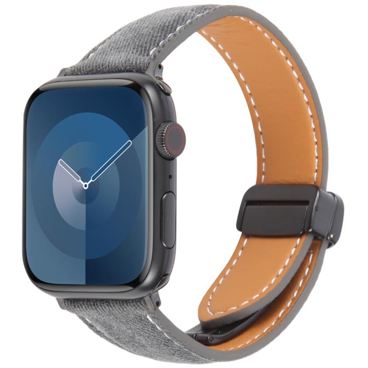 For Apple Watch 46mm / 49mm / 45mm / 44mm Folding Magnetic Buckle Denim Leather Watch Band(Black) - Watch Bands by PMC TechLife | Online Shopping South Africa | PMC TechLife | Buy Now Pay Later Mobicred