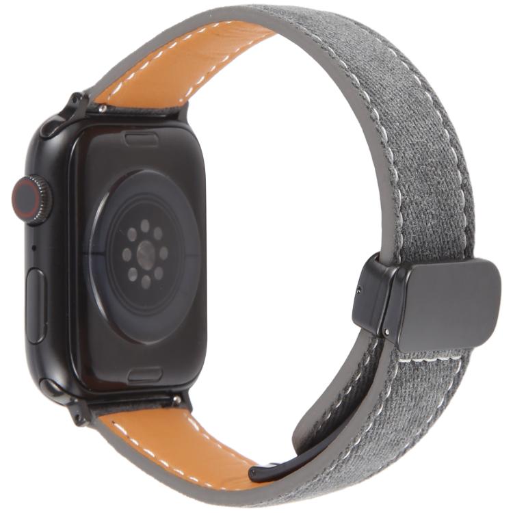 For Apple Watch 46mm / 49mm / 45mm / 44mm Folding Magnetic Buckle Denim Leather Watch Band(Black) - Watch Bands by PMC TechLife | Online Shopping South Africa | PMC TechLife | Buy Now Pay Later Mobicred