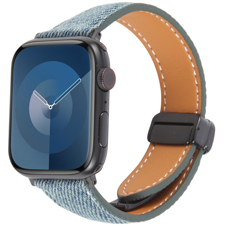 For Apple Watch 46mm / 49mm / 45mm / 44mm Folding Magnetic Buckle Denim Leather Watch Band(Misty Blue) - Watch Bands by PMC TechLife | Online Shopping South Africa | PMC TechLife | Buy Now Pay Later Mobicred