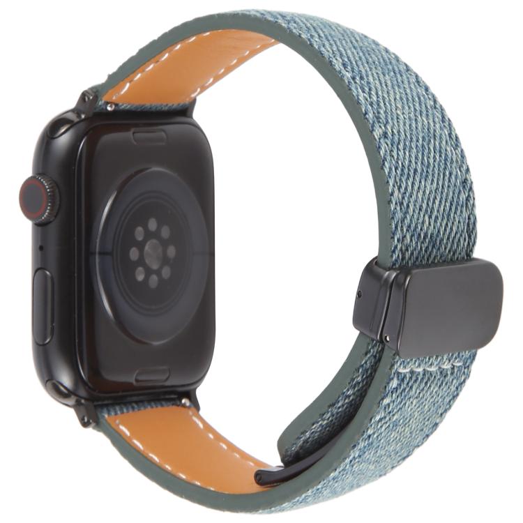For Apple Watch 46mm / 49mm / 45mm / 44mm Folding Magnetic Buckle Denim Leather Watch Band(Misty Blue) - Watch Bands by PMC TechLife | Online Shopping South Africa | PMC TechLife | Buy Now Pay Later Mobicred