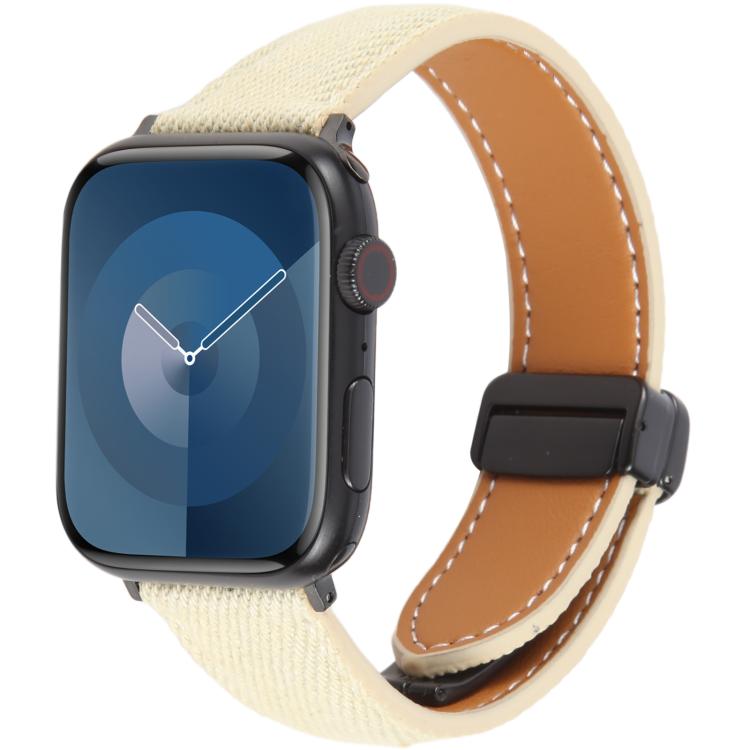 For Apple Watch 42mm / 41mm / 40mm / 38mm Folding Magnetic Buckle Denim Leather Watch Band(Apricot) - Watch Bands by PMC TechLife | Online Shopping South Africa | PMC TechLife | Buy Now Pay Later Mobicred