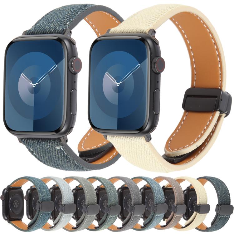 For Apple Watch 46mm / 49mm / 45mm / 44mm Folding Magnetic Buckle Denim Leather Watch Band(Misty Blue) - Watch Bands by PMC TechLife | Online Shopping South Africa | PMC TechLife | Buy Now Pay Later Mobicred