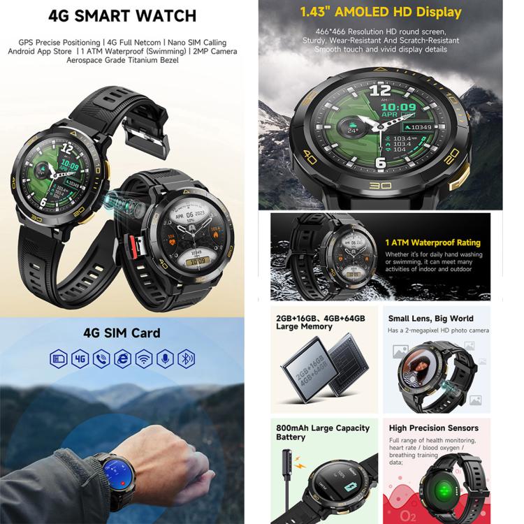 UNIWA DM300 4G Android Watch Phone, 2GB+16GB, 1.43 inc Unisoc SL8541E Quad Core, Support Heart Rate / Blood Oxygen(Black) - free shipping - PMc TechLife - Order now!