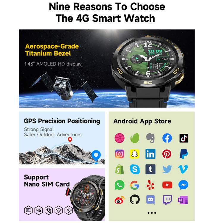 UNIWA DM300 4G Android Watch Phone, 2GB+16GB, 1.43 inc Unisoc SL8541E Quad Core, Support Heart Rate / Blood Oxygen(Black) - free shipping - PMc TechLife - Order now!
