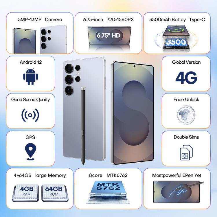 S25 Ultra / Q25, 4GB+64GB, 6.75 inch Android 12 MTK6762 Octa Core, Network: 4G, Dual SIM, with Stylus Pen, Plug:US Plug(Titanium Silver Blue) - free shipping - PMc TechLife - Order now!