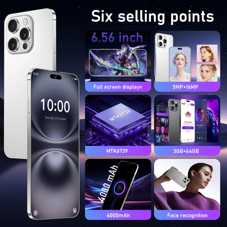 I16 Pro Max / RAi3, 3GB+64GB, 6.56 inch Android 10 MTK6739 Quad Core, Network: 4G, Dual SIM, Plug:EU Plug(White) - free shipping - PMc TechLife - Order now!