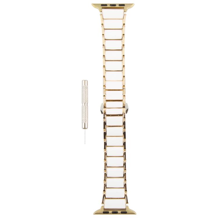 For Apple Watch 46mm / 49mm / 45mm / 44mm Three Beads Ceramics 18mm Steel Watch Band(Gold White) - free shipping - PMC TechLife - Order now!
