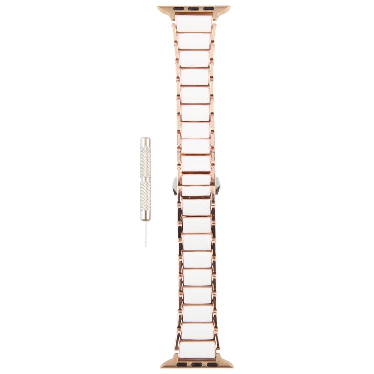 For Apple Watch 42mm / 41mm / 40mm / 38mm Three Beads Ceramics 18mm Steel Watch Band(Rose Gold White) - free shipping - PMC TechLife - Order now!