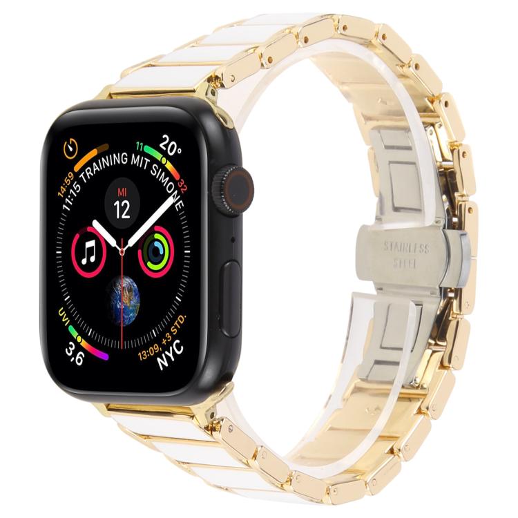 For Apple Watch 42mm / 41mm / 40mm / 38mm Three Beads Ceramics 18mm Steel Watch Band(Gold White) - free shipping - PMC TechLife - Order now!