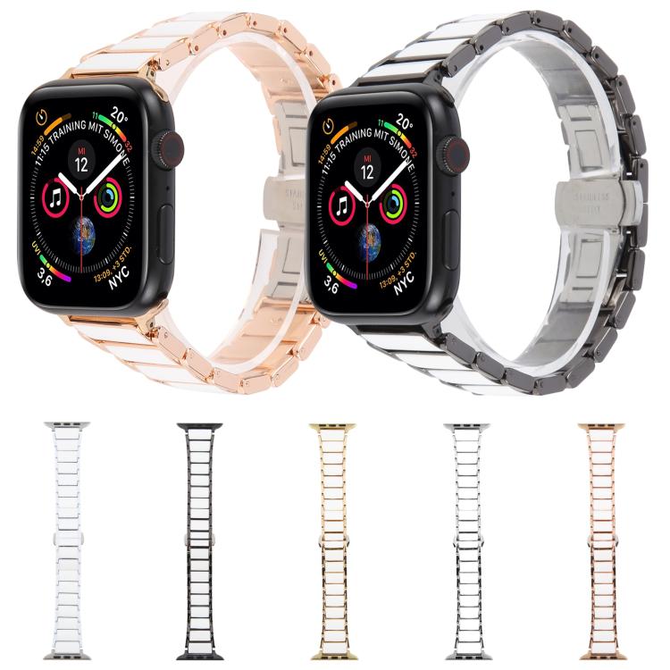 For Apple Watch 46mm / 49mm / 45mm / 44mm Three Beads Ceramics 18mm Steel Watch Band(Gold White) - free shipping - PMC TechLife - Order now!