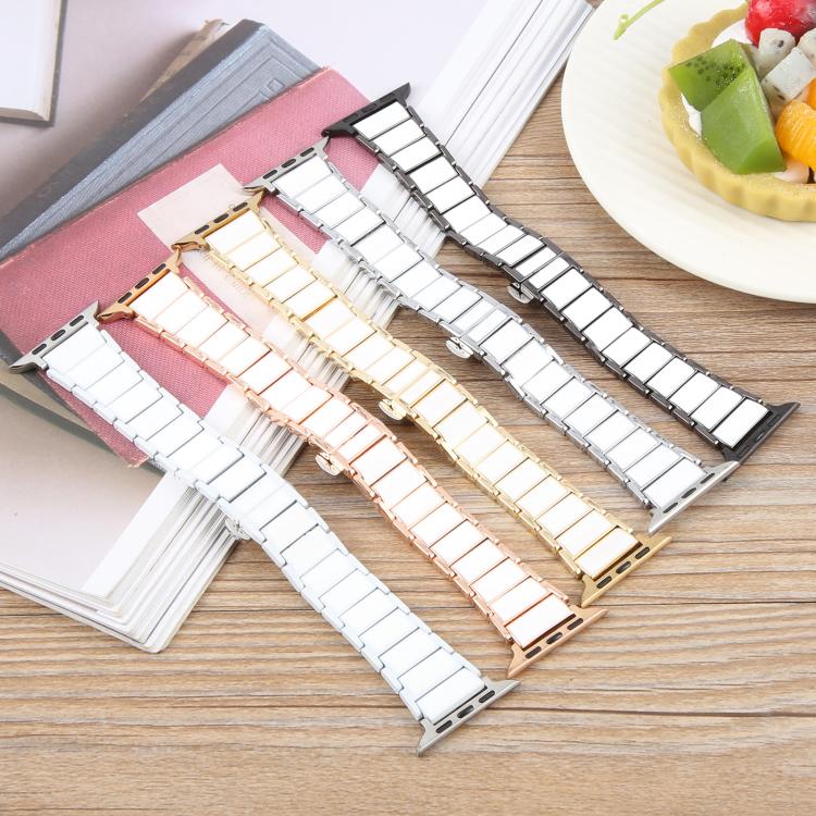 For Apple Watch 42mm / 41mm / 40mm / 38mm Three Beads Ceramics 18mm Steel Watch Band(Rose Gold White) - free shipping - PMC TechLife - Order now!