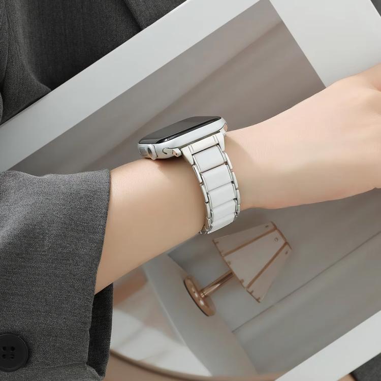 For Apple Watch 46mm / 49mm / 45mm / 44mm Three Beads Ceramics 18mm Steel Watch Band(Silver White) - free shipping - PMC TechLife - Order now!