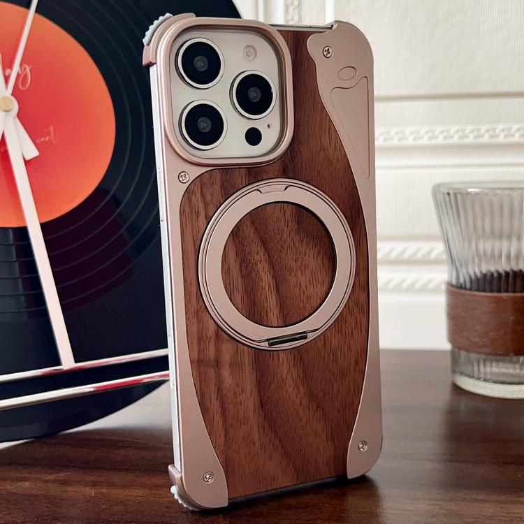 For iPhone 16 Pro Max Walnut Metal Frameless 360 Degree Rotation Holder MagSafe Phone Case(Dessert Gold) - free shipping - PMC TechLife - Order now!