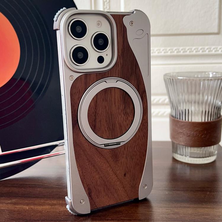 For iPhone 15 Pro Walnut Metal Frameless 360 Degree Rotation Holder MagSafe Phone Case(Titanium Color) - free shipping - PMC TechLife - Order now!