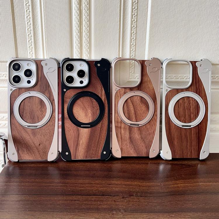 For iPhone 15 Pro Walnut Metal Frameless 360 Degree Rotation Holder MagSafe Phone Case(Dessert Gold) - free shipping - PMC TechLife - Order now!