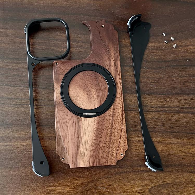For iPhone 16 Pro Walnut Metal Frameless 360 Degree Rotation Holder MagSafe Phone Case(Titanium Color) - free shipping - PMC TechLife - Order now!