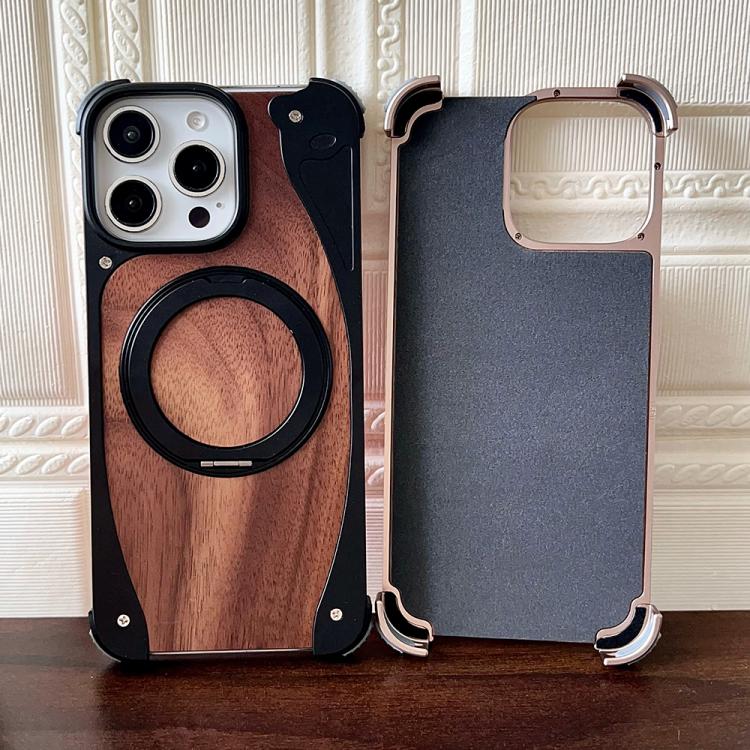For iPhone 16 Pro Max Walnut Metal Frameless 360 Degree Rotation Holder MagSafe Phone Case(Silver) - free shipping - PMC TechLife - Order now!