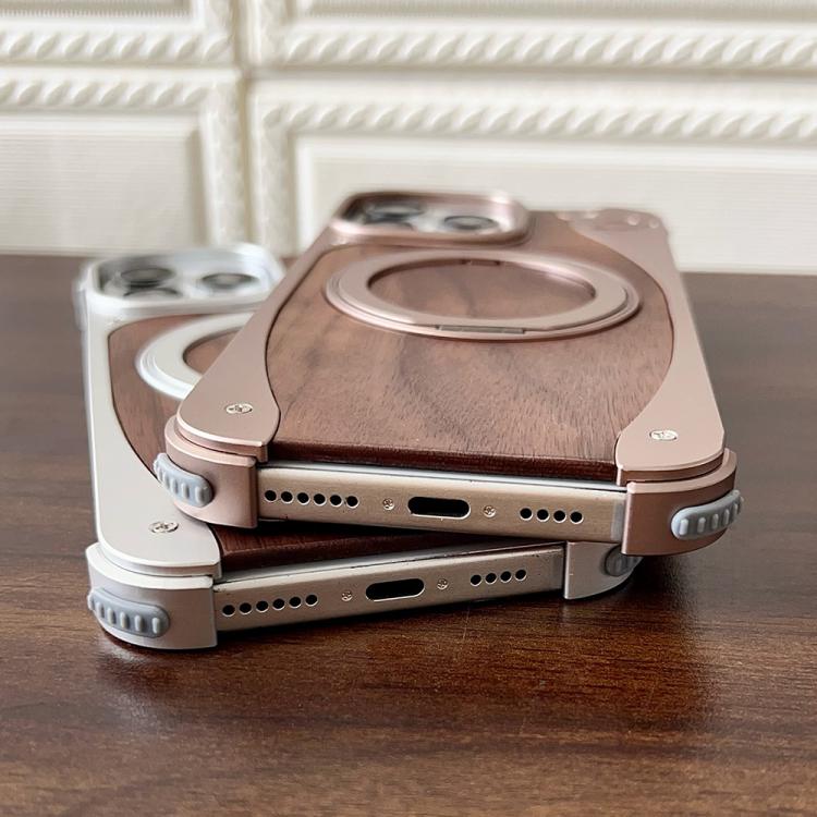 For iPhone 16 Pro Walnut Metal Frameless 360 Degree Rotation Holder MagSafe Phone Case(Titanium Color) - free shipping - PMC TechLife - Order now!