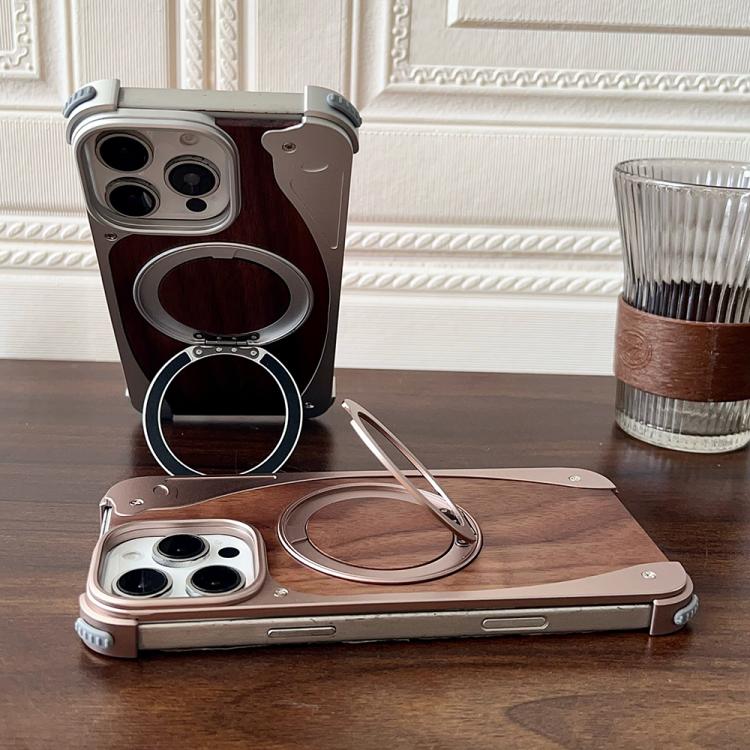 For iPhone 15 Pro Max Walnut Metal Frameless 360 Degree Rotation Holder MagSafe Phone Case(Black) - free shipping - PMC TechLife - Order now!