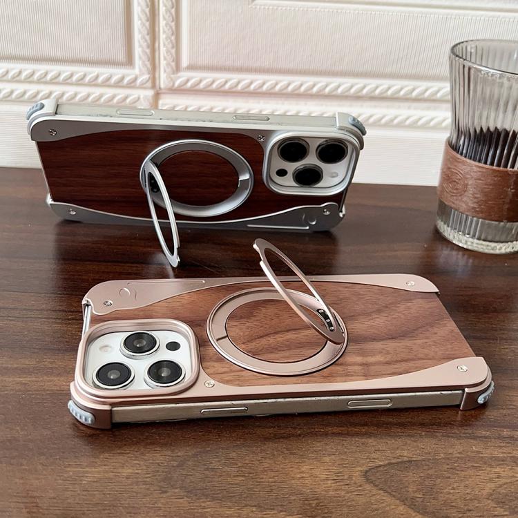 For iPhone 15 Pro Max Walnut Metal Frameless 360 Degree Rotation Holder MagSafe Phone Case(Silver) - free shipping - PMC TechLife - Order now!