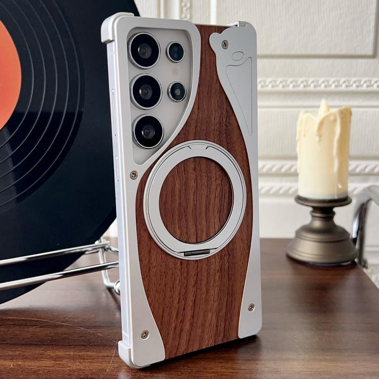 For Samsung Galaxy S25 Ultra 5G Walnut Metal Frameless 360 Degree Rotation Holder MagSafe Phone Case(Silver) - free shipping - PMC TechLife - Order now!